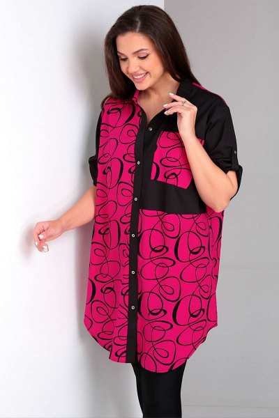 Рубашка-тунка свободного кроя с воротником стойкой и регулируемым рукавом Таир-Гранд 62360 малиновый - фото 3