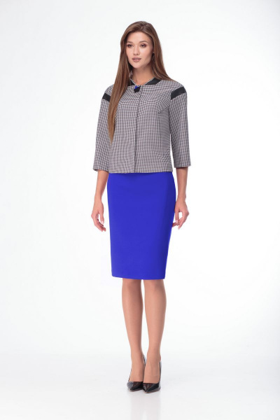 Комплект жакет и юбка с кожаными вставками для делового образа LadyThreeStars 1913 серо-синий - фото 1