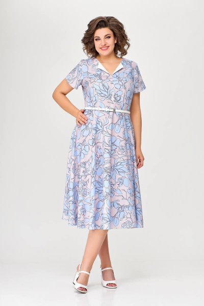 Летнее платье А-силуэта с рельефами и ремнем Swallow 665.1 розовый/принт - фото 2