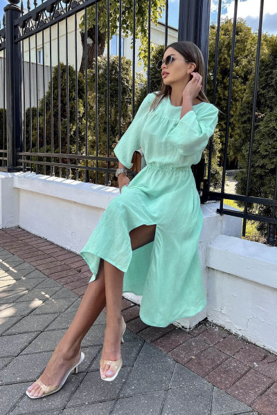 Платье из льна с открытой спиной для летнего образа Pavlova 146 бирюза - фото 1