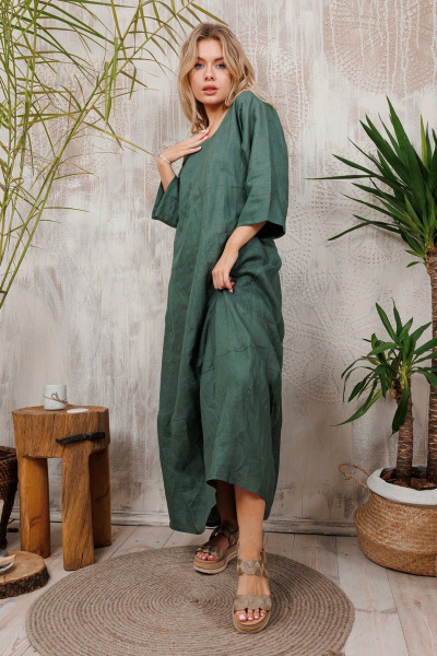 Леновое платье АМУЛЕТ с юбкой-тюльпан длина макси АМУЛЕТ 9702 изумруд - фото 1