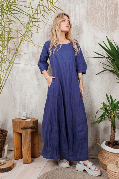 Леновое платье АМУЛЕТ с рукавами-тюльпан и карманами АМУЛЕТ 9703 индиго - фото 2