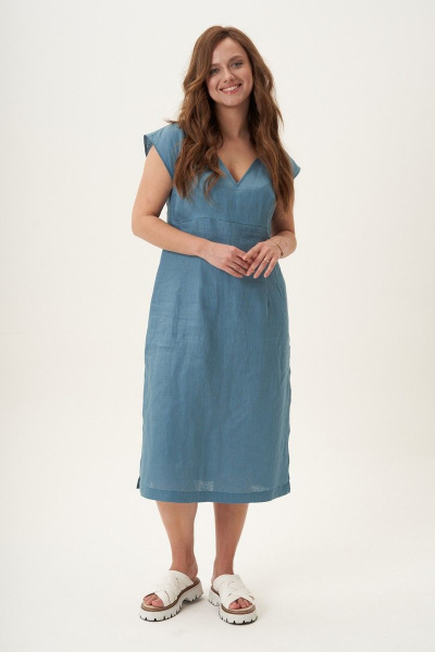 Льняное платье с V-образным вырезом и боковыми разрезами Fantazia Mod 4524 бирюза - фото 1