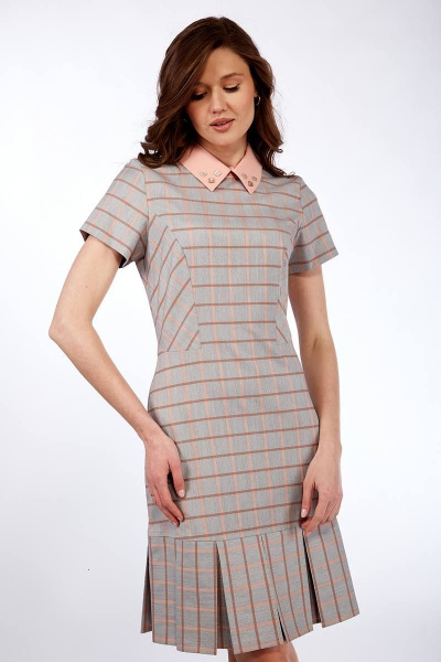 Серое деловое платье из текстиля с рельефными швами Lady Style Classic 1274 розовый с серым - фото 3