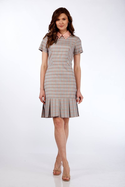 Серое деловое платье из текстиля с рельефными швами Lady Style Classic 1274 розовый с серым - фото 1