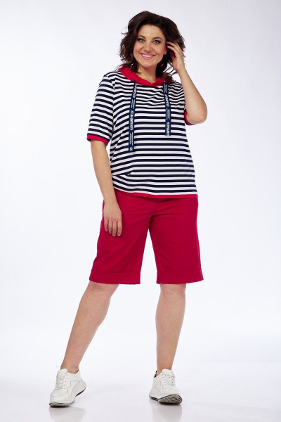 Летний комплект блузка и шорты из вискозы и хлопка Диомант 1874 бордо_узкая_полоска - фото 2