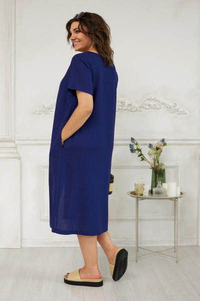 Платье с V-образным вырезом и карманами из льняной ткани BegiModa 1023 индиго - фото 6