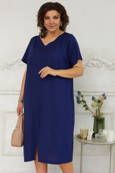 Платье с V-образным вырезом и карманами из льняной ткани BegiModa 1023 индиго - фото 3