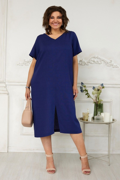 Платье с V-образным вырезом и карманами из льняной ткани BegiModa 1023 индиго - фото 1