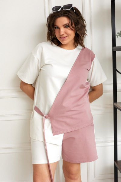 Розовый летний комплект блуза и шорты из хлопка BegiModa 3038 сакура - фото 2