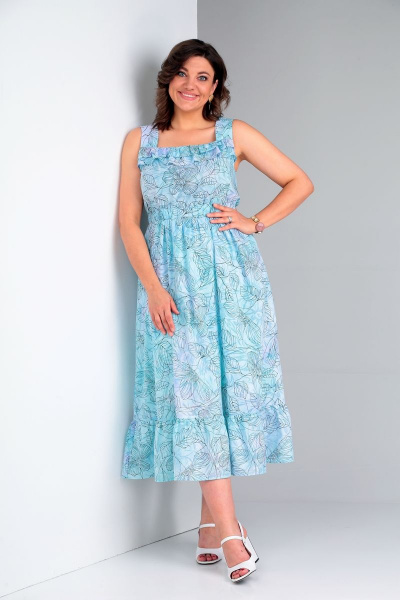 Сарафан с эффектом акварели и сборкой на резинке Ивелта плюс 1826 бирюза - фото 2