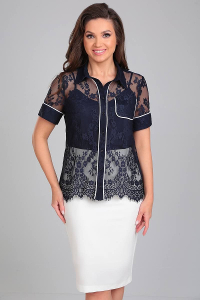 Блузка из шифона и кружева с коротким рукавом LeNata 11327 синий - фото 1