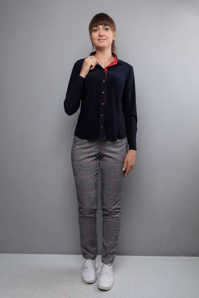 Деловая блуза синего цвета из трикотажа с кокеткой и воротником-стойкой Mita ЖМ726Б т.синий - фото 2