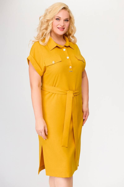 Платье легкое полуприлегающее из текстиля с декоративными пуговицами Swallow 668.4 горчица - фото 3