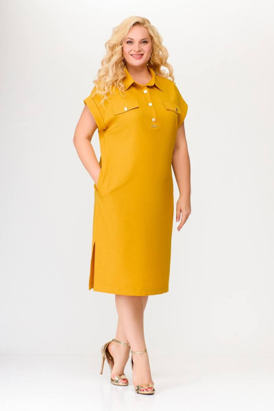 Платье легкое полуприлегающее из текстиля с декоративными пуговицами Swallow 668.4 горчица - фото 8