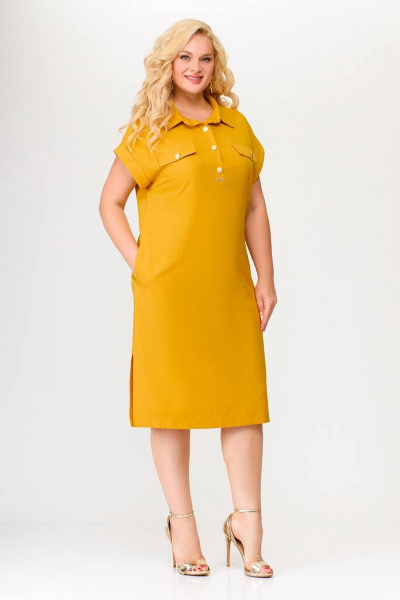 Платье легкое полуприлегающее из текстиля с декоративными пуговицами Swallow 668.4 горчица - фото 7