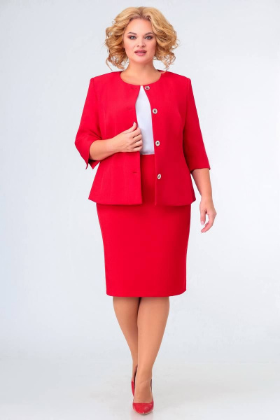 Костюм 2-ка с жакетом и юбкой в деловом стиле Swallow 653.1 карминово-красный - фото 2
