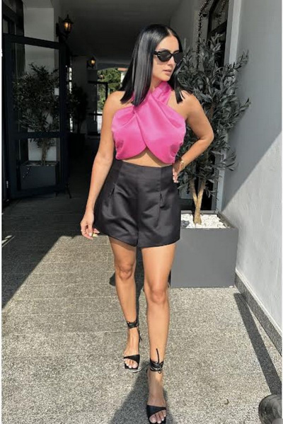 Топ и шорты из атласа с х/б подкладкой для Лета ENZA 908 розово_черный - фото 1
