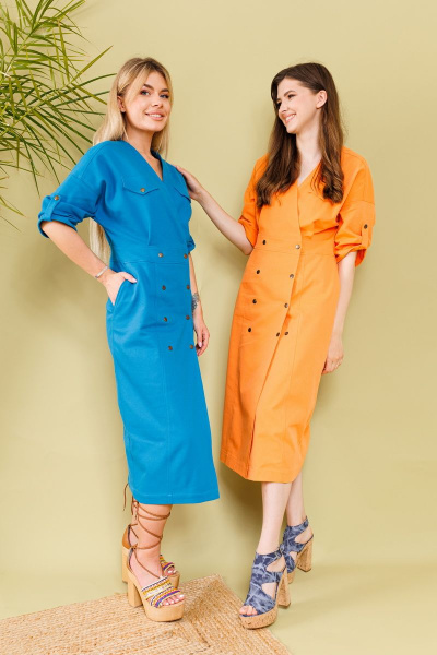 Джинсовое платье миди с поясом и карманами NikVa 362-1 мандарин - фото 8