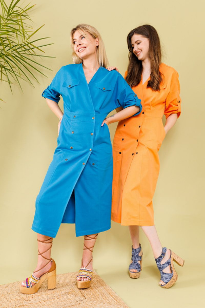 Джинсовое платье миди с поясом и карманами NikVa 362-1 мандарин - фото 7