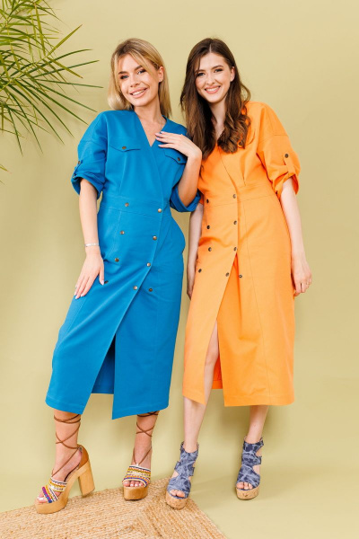 Джинсовое платье миди с поясом и карманами NikVa 362-1 мандарин - фото 6