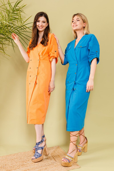 Джинсовое платье миди с поясом и карманами NikVa 362-1 мандарин - фото 5