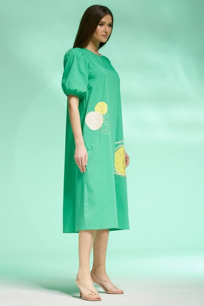 Платье А-силуэт хлопковое с дизайнерской печатью Faufilure C1432 зеленый - фото 2