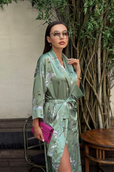 Зеленое платье-кимоно с принтом для повседневной одежды Pavlova 076 оливковый - фото 2
