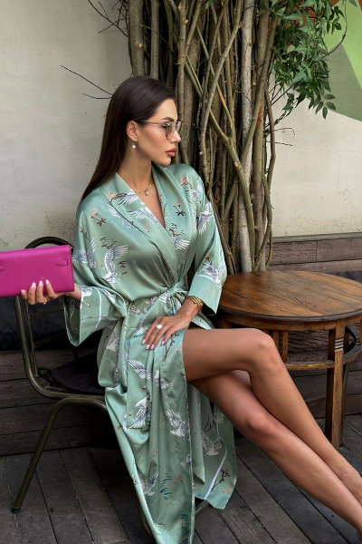 Зеленое платье-кимоно с принтом для повседневной одежды Pavlova 076 оливковый - фото 4