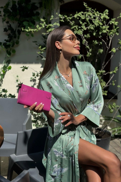 Зеленое платье-кимоно с принтом для повседневной одежды Pavlova 076 оливковый - фото 5