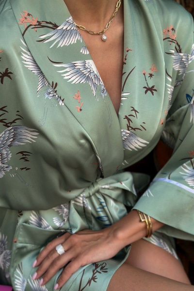 Зеленое платье-кимоно с принтом для повседневной одежды Pavlova 076 оливковый - фото 6