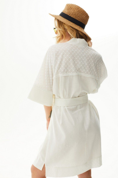 Летнее свободное платье кимоно из льна с поясом и кружевом Mislana С945 молоко - фото 6