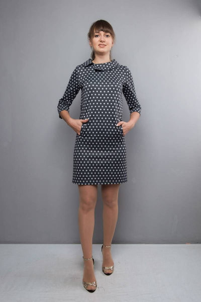 Платье прямого силуэта с отложным воротником и рукавом 3/4 Mita ЖМ772 т.серый/горох - фото 2