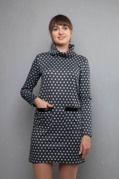 Платье прямого силуэта с накладными карманами и воротником хомут Mita ЖМ845 т.серый/горох - фото 1