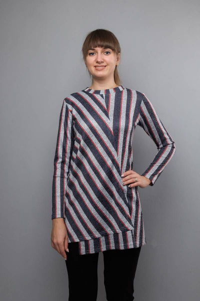 Туника А-силуэта с асимметричным передом и длинным рукавом Mita ЖМ889а серый/красный - фото 1