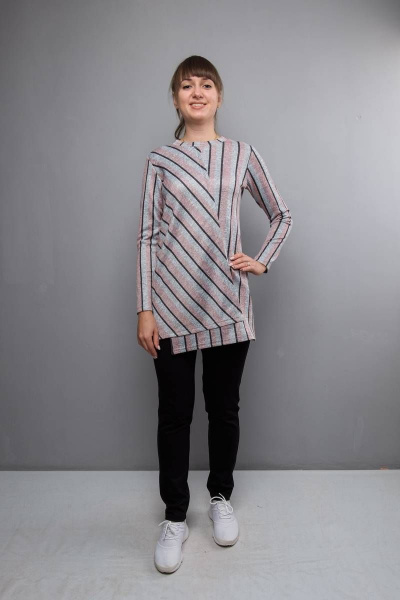 Туника с асимметричным передом и длинным рукавом, с капюшоном Mita ЖМ889а серый/розовый - фото 2