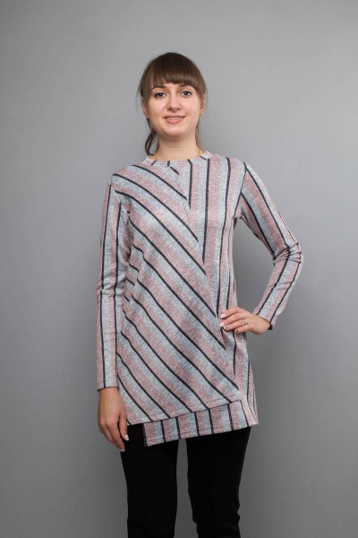 Туника с асимметричным передом и длинным рукавом, с капюшоном Mita ЖМ889а серый/розовый - фото 1