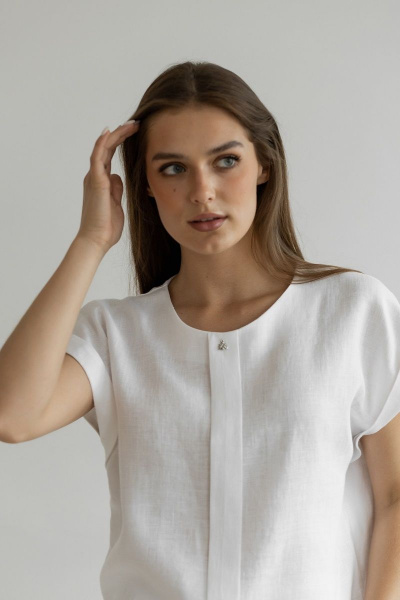 Белая блуза из льна с складкой и спущенным рукавом Atelero 1012л белый - фото 4