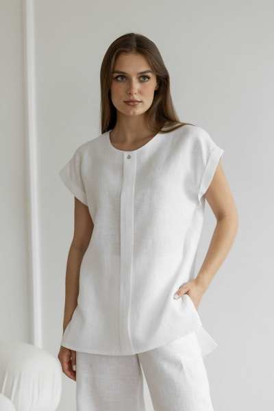 Белая блуза из льна с складкой и спущенным рукавом Atelero 1012л белый - фото 1