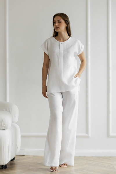 Белая блуза из льна с складкой и спущенным рукавом Atelero 1012л белый - фото 3