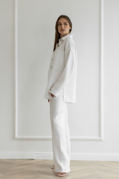 Летний леновый костюм брюки палаццо и свободная рубашка Atelero 1053 белый - фото 3
