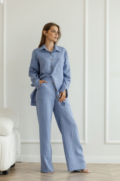 Голубые палаццо из льна с высокой посадкой Atelero 1056 голубой - фото 1