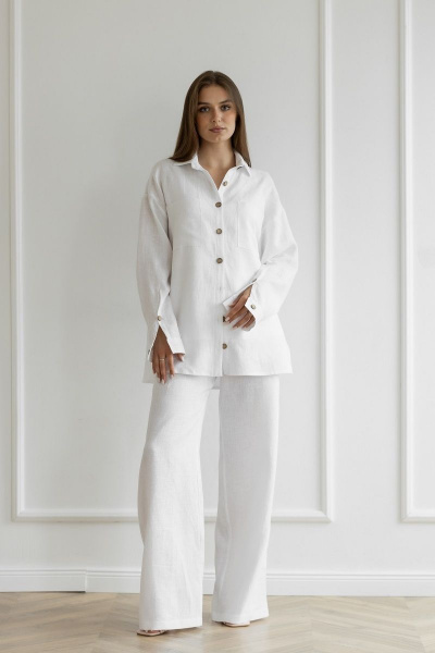 Белая рубашка из льна со спущенным плечом и шлицей Atelero 1057 белый - фото 1