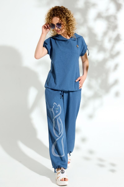 Летний костюм блузы с капюшоном и брюк-шароваров Euromoda 099/1 джинс - фото 2