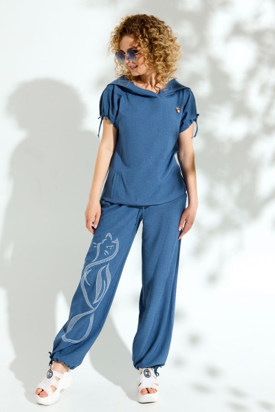 Летний костюм блузы с капюшоном и брюк-шароваров Euromoda 099/1 джинс - фото 1