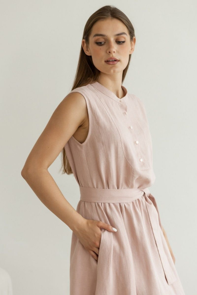 Летнее леняное платье с резинкой и длинной юбкой с воланом Atelero 1068 пудра - фото 6