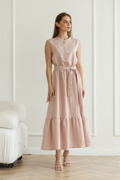 Летнее леняное платье с резинкой и длинной юбкой с воланом Atelero 1068 пудра - фото 4