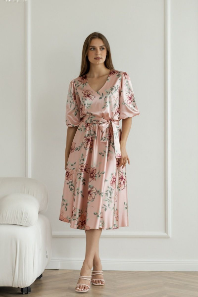 Летнее атласное шелковое платье с поясом и полусолнцем юбкой Atelero 1070 цветное - фото 1