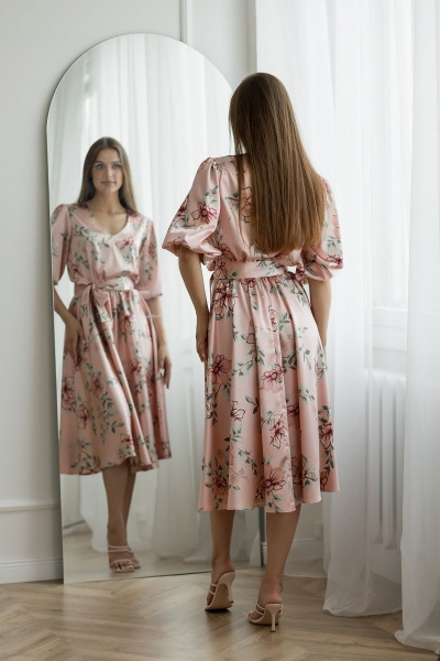 Летнее атласное шелковое платье с поясом и полусолнцем юбкой Atelero 1070 цветное - фото 4