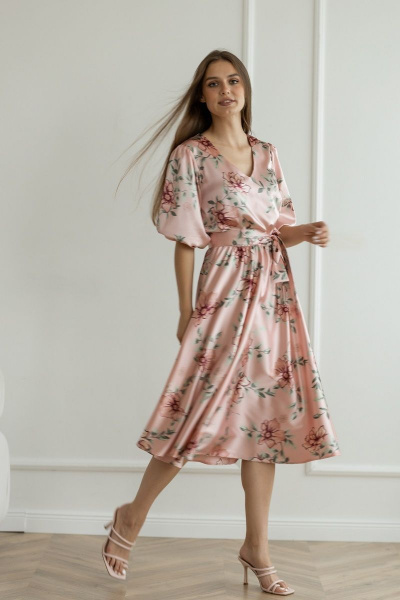 Летнее атласное шелковое платье с поясом и полусолнцем юбкой Atelero 1070 цветное - фото 3